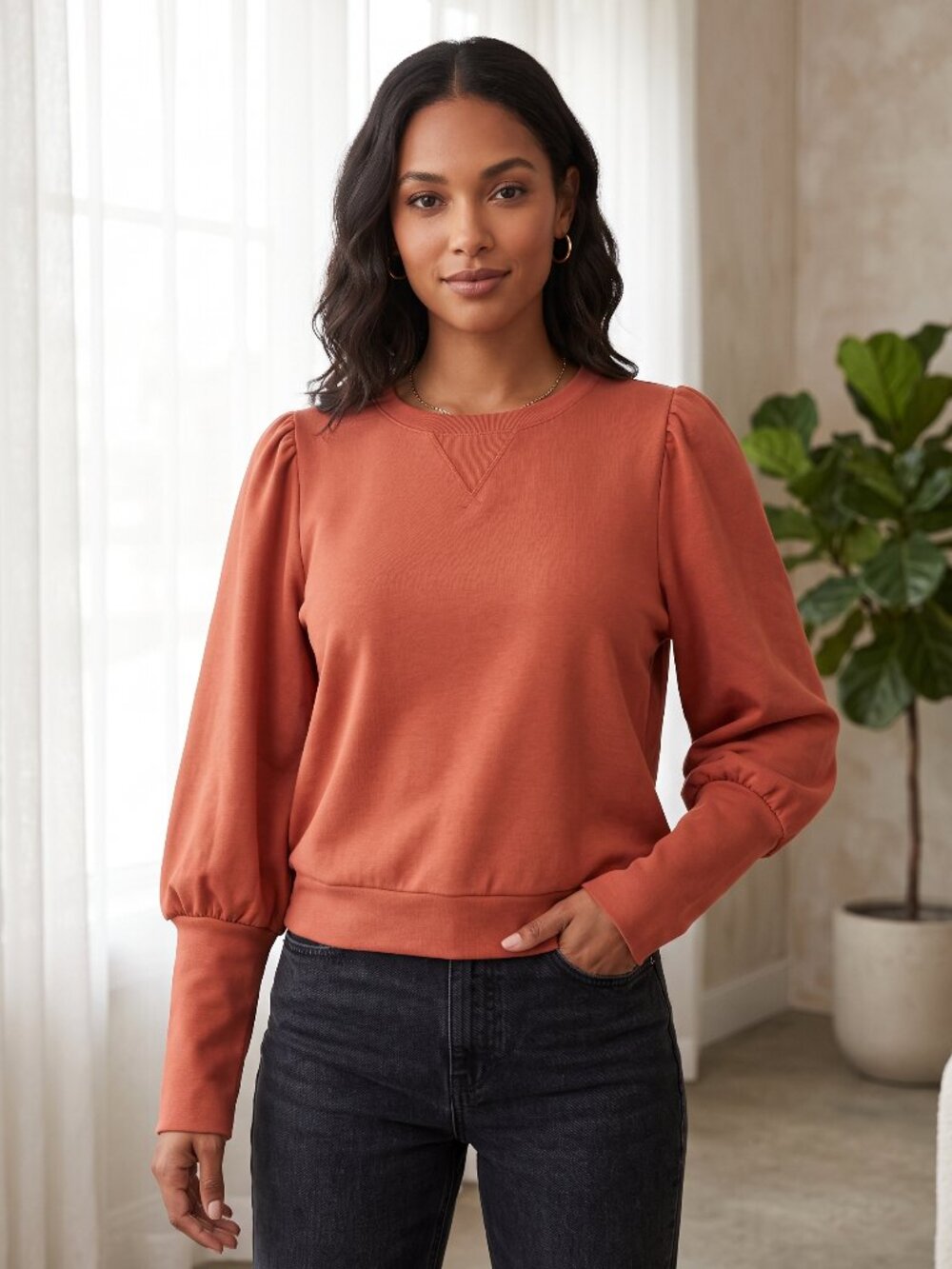 Who What Wear Rust Orange Puff Sleeve Crewneck Sweatshirt Pullover L